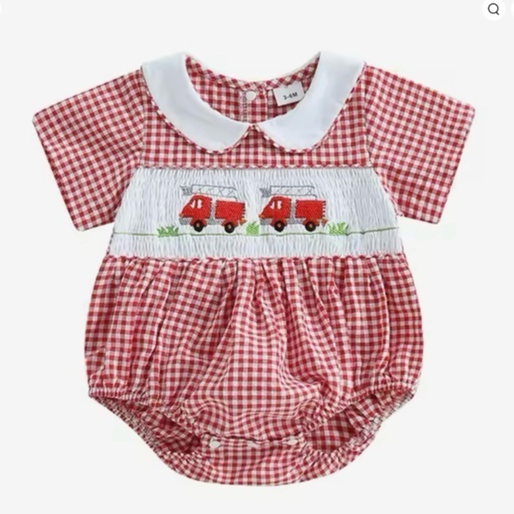 New Red Gingham Baby Romper boy girl “firetruck” 6-12